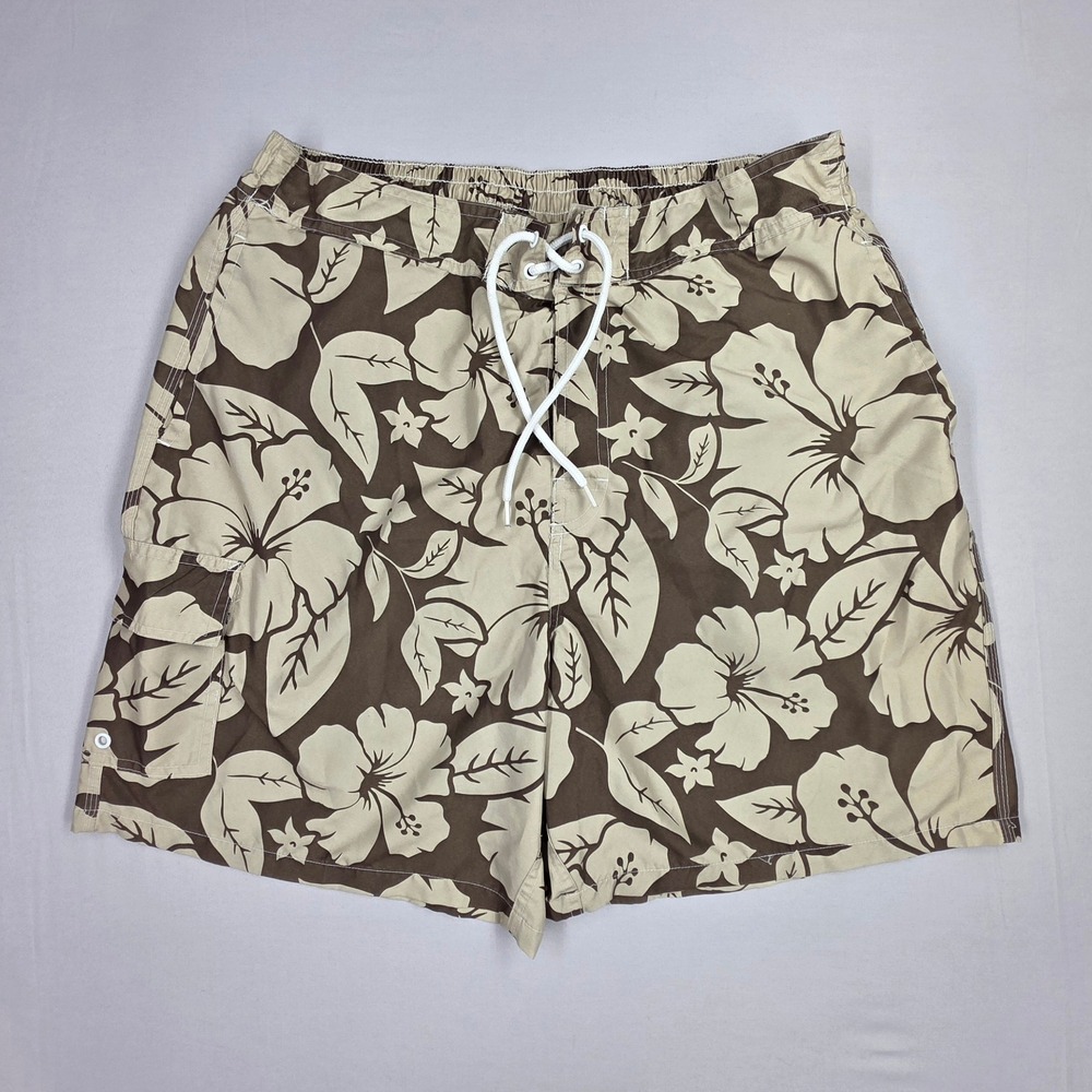 Islander Mens Large Brown Tan Hibiscus Floral Swim Trunks Board Shorts Cargo